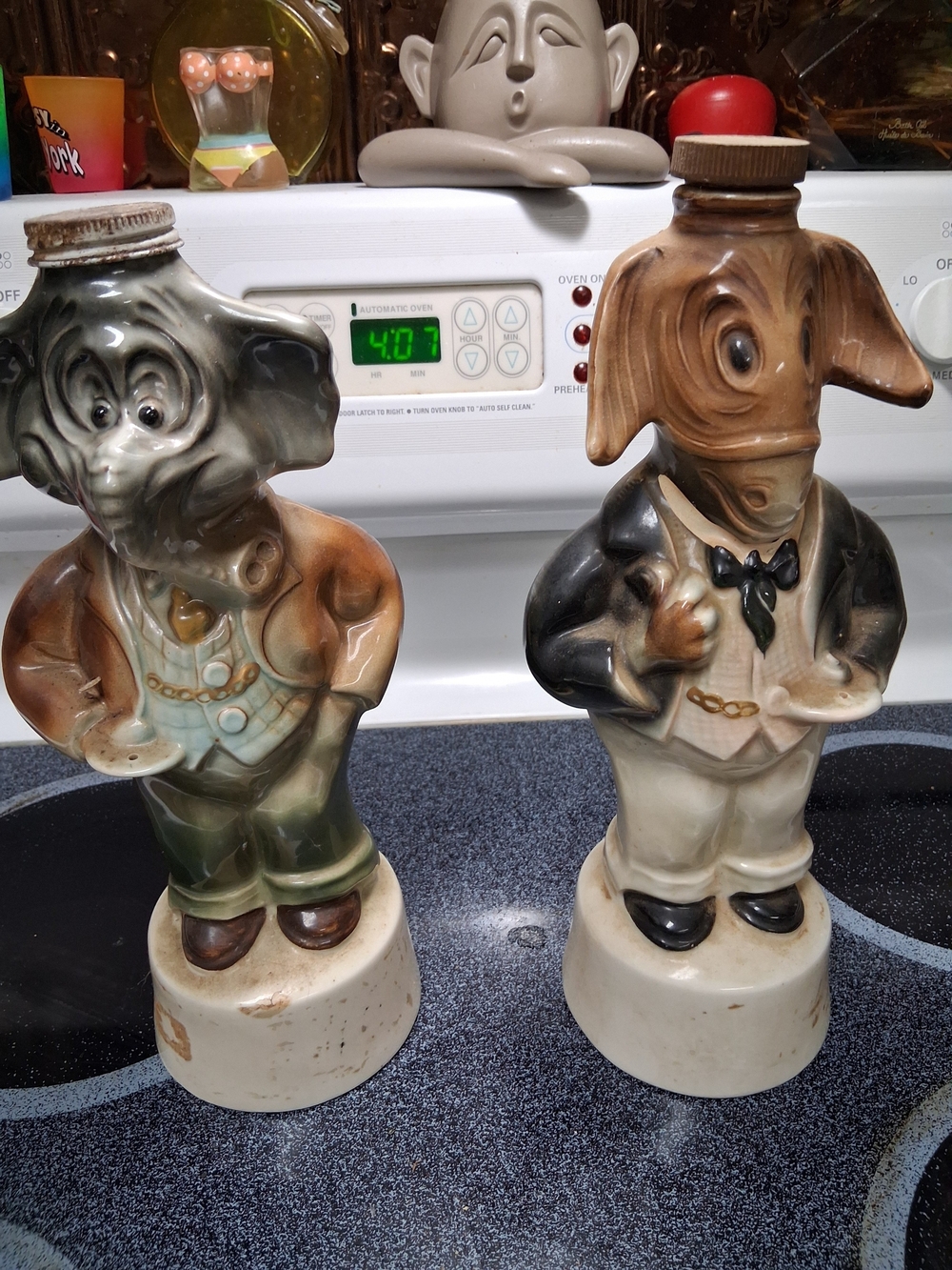 Vintage Ceramic Elephant Decanters in Brown and Green